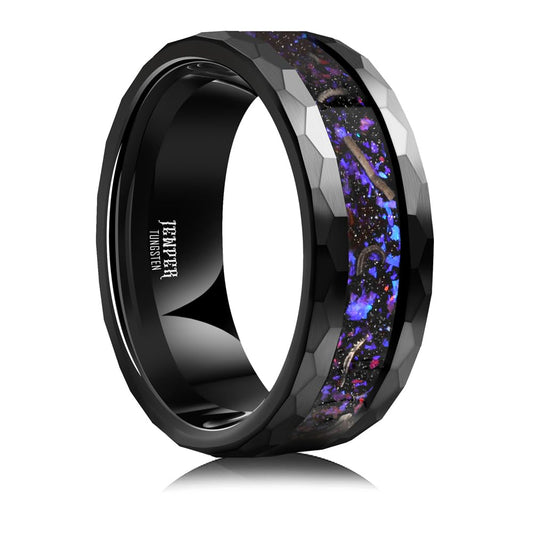 JEWPER 8mm Men Womens Wedding Band Tungsten Rings Black Blue Hammer pattern Fashion Promise Carbide Inlaid Milky Way Foil Iron Filings Matte Finish Edge Comfort Fit Size(13)