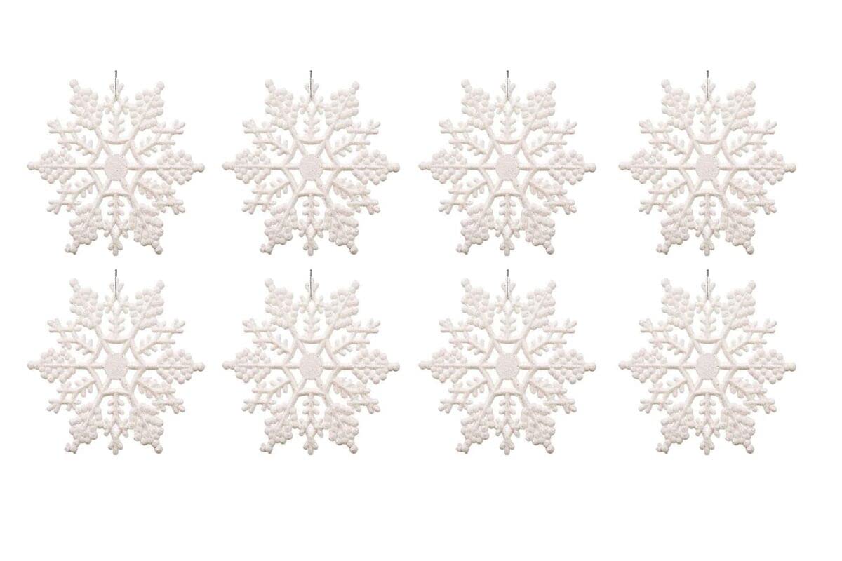 Kipokalor Plastic Snowflake Ornaments, 24pcs 3-Inch Sparkling Iridescent Glitter Decorations With String Hanger for Crafting and Embellishing (White)