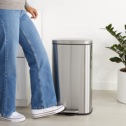 Amazon Basics Smudge Resistant Rectangular Trash Can With Soft-Close Foot Pedal, Brushed Stainless Steel, 50 Liter/13.2 Gallon, Satin Nickel Finish, 16.7"L x 14.7"W x 25.9"H