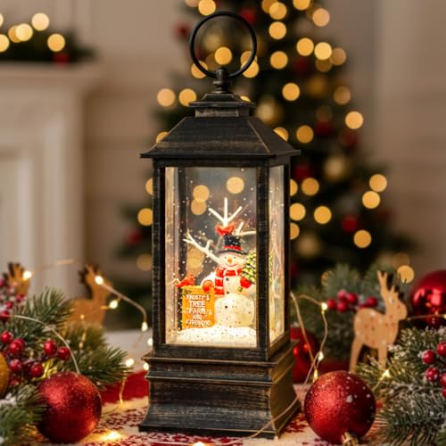 10" Christmas Snow Globe Lantern with Farm Snowman，Lighted Swirling Glittering Snow Globes with Music & Timer, Christmas Decorations for Home Tabletop Indoor