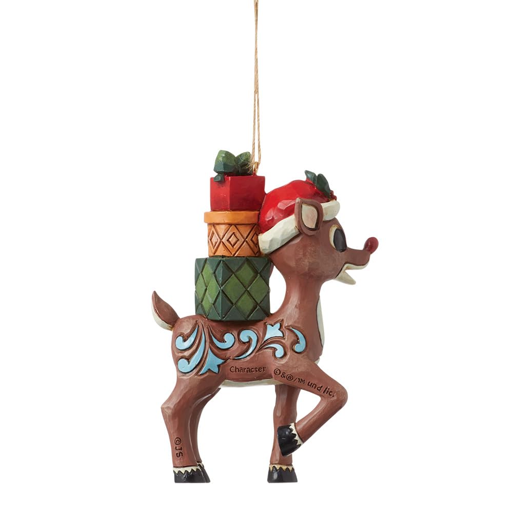 Enesco Rudolph Traditions by Jim Shore Carrying a Stack of Presents Hanging Ornament, 4.13 Inch, Multicolor