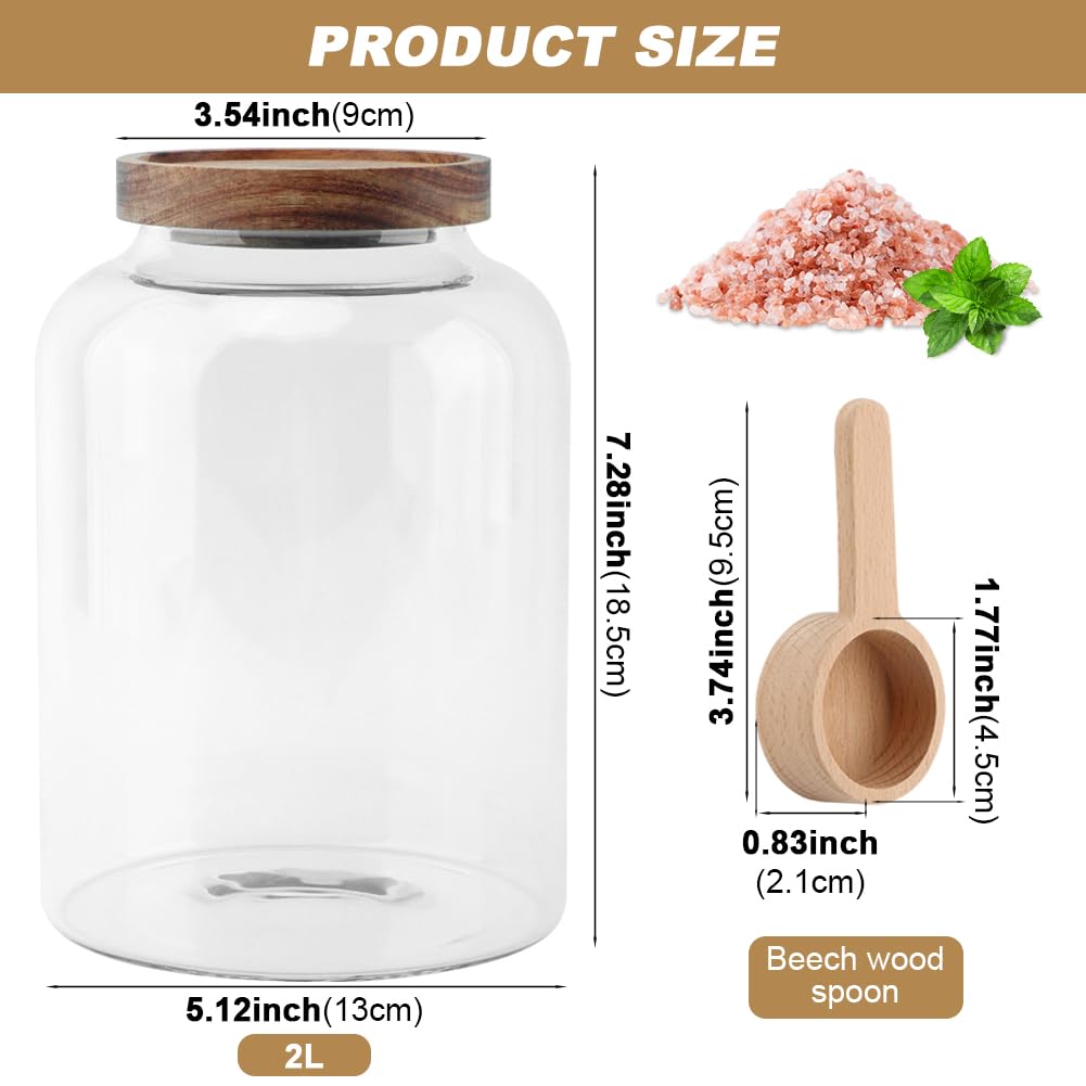 Saycker Bath Salts Glass Jar, Bath Salt Container with Wooden Lid and Scoop, Airtight Storage Jar, Glass Food Storage Jars for Home Decor,Tea,Spice,Cereal, Egg,Flour,Coffee(73 oz,Clear)