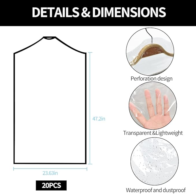 BEISHIDA 20PCS 47 Inch Plastic Garment Bag-Plastic Clear Dry Cleaner Laundry