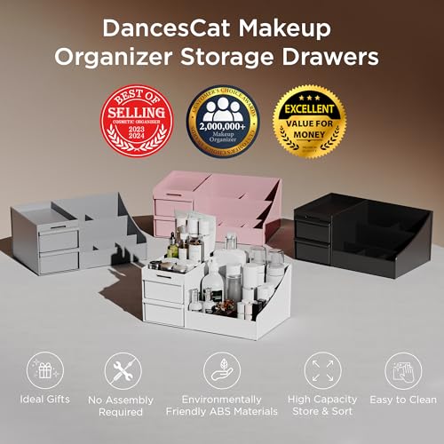 DancesCat Makeup Organizer Storage Drawers, Large Capacity Cosmetic Organisers for Lipsticks, Jewelry, Nail Care, Skincare Organiser for Vanity, Ideal Desk Organizer for Dresser and Bathroom
