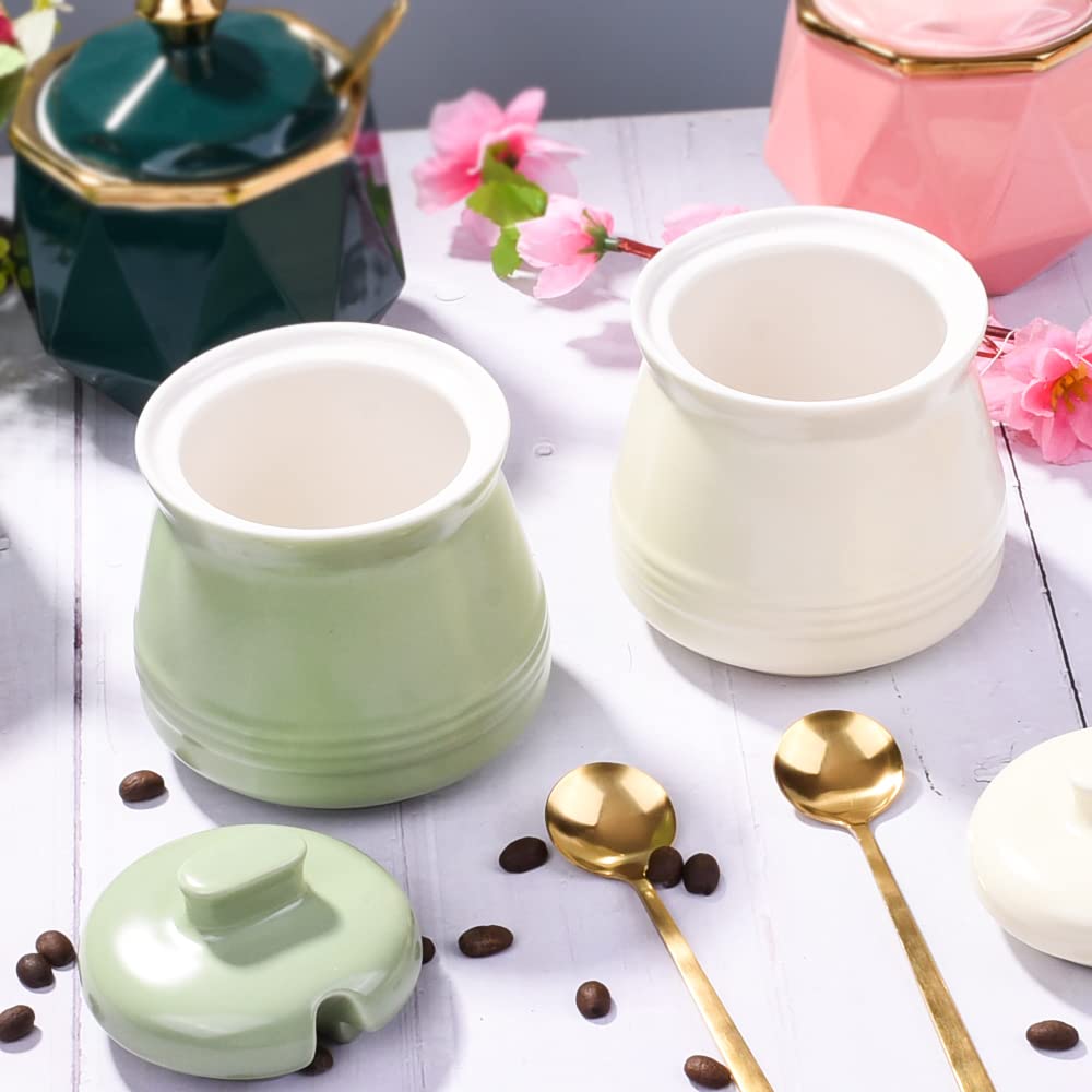 Sugar Bowl with Lid and Spoon, Ceramic Sugar Bowl,Multi-Function Sugar Container Spice Container Salt Jar Condiment Bowls Sugar Jar for Kitchen Storage Organization (Green)