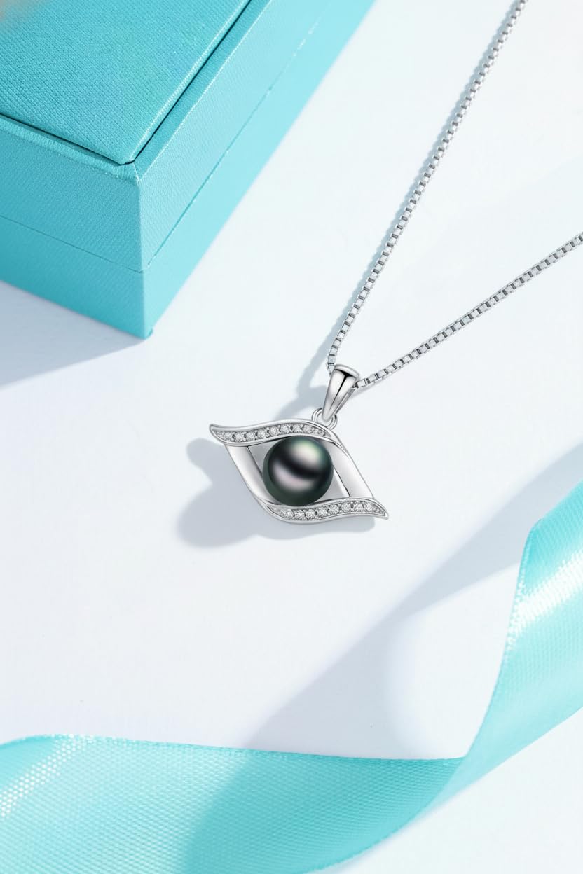 KANNSOAR Tahitian Black Pearl Necklace 18K White Gold Plated Sterling Silver Evil Eyes Pendant Black Pearl Necklace Jewelry for Women Gifts for Wedding Christmas Anniversary Birthday