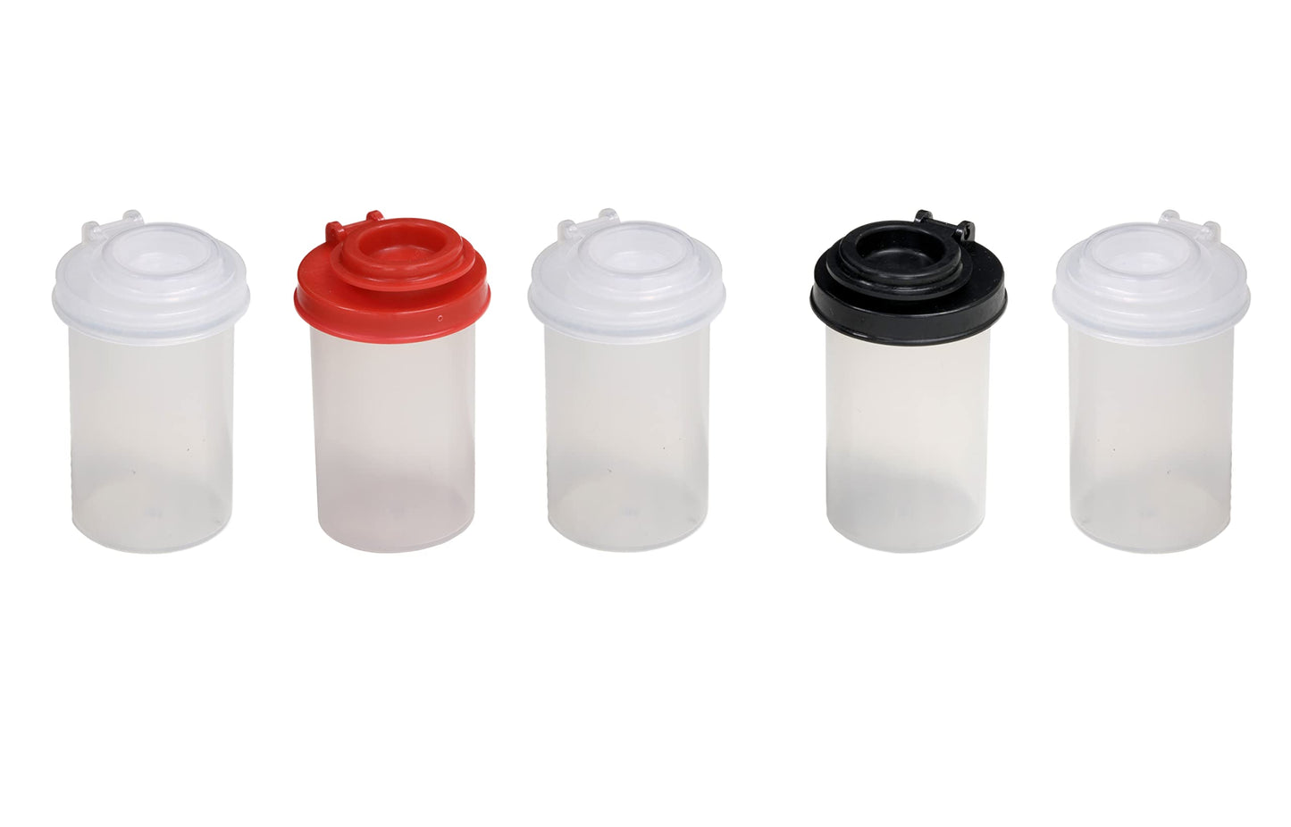 BRAZZA Salt and Pepper Shakers Moisture Proof Set, Perfect to go Camping Picnic Outdoors Kitchen Lunch Boxes Travel Spice Set Clear with Black Lids Plastic Airtight Jar Dispenser 5 small