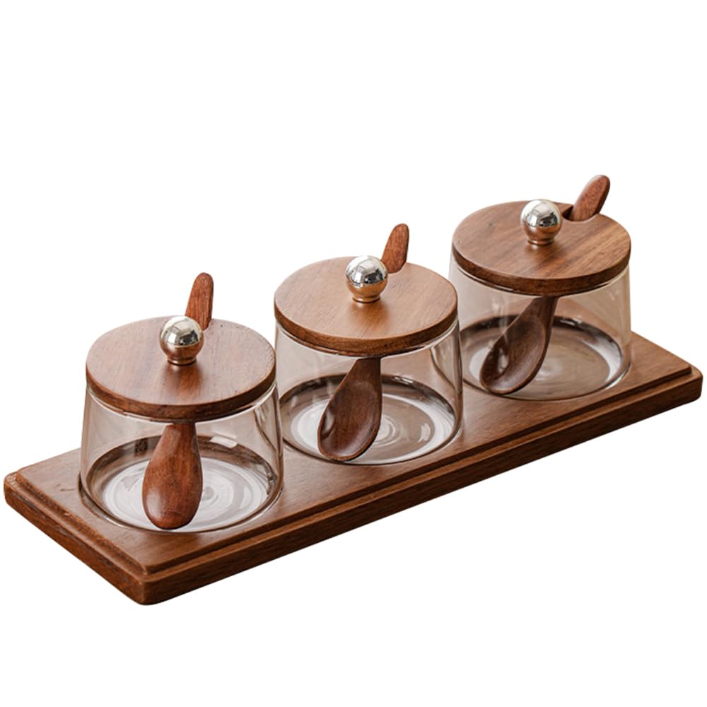 Condiment Containers Set with Acacia Wood Lids and Tray Seasoning Box Condiment Pots Jars with Spoons for Spice Salt Sugar Cruet (Silver Top, 3 Jars with Tray)
