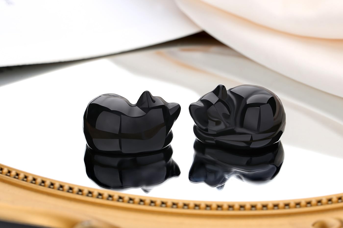 QINJIEJIE Bundle of Amethyst Crystal Tree and Obsidian Cat Statue Natural Reiki Gemstone Tree Life Carved Stone Decors Gift Polished Gemstones Figurine Meditation Gift for Women Men