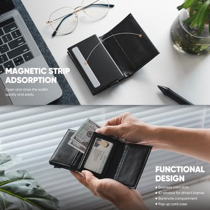 VULKIT Credit Card Holder RFID Blocking Leather Bifold Mens Wallet Automatic Pop Up with Banknote Compartment (Origin Black)