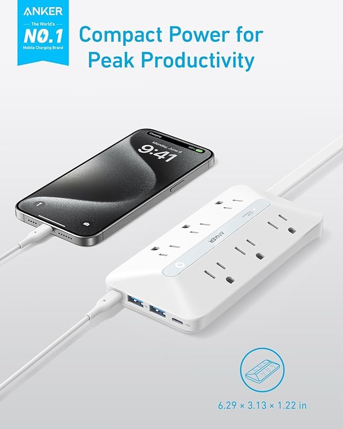 Anker 300J Flat Plug 10-in-1 Ultra Thin Power Strip with 6 AC, 2 USB-A & 2 USB-C Ports, Extension Cord, Desk Charging Station for Home, Office, College, Dorm, 5 Feet, Black