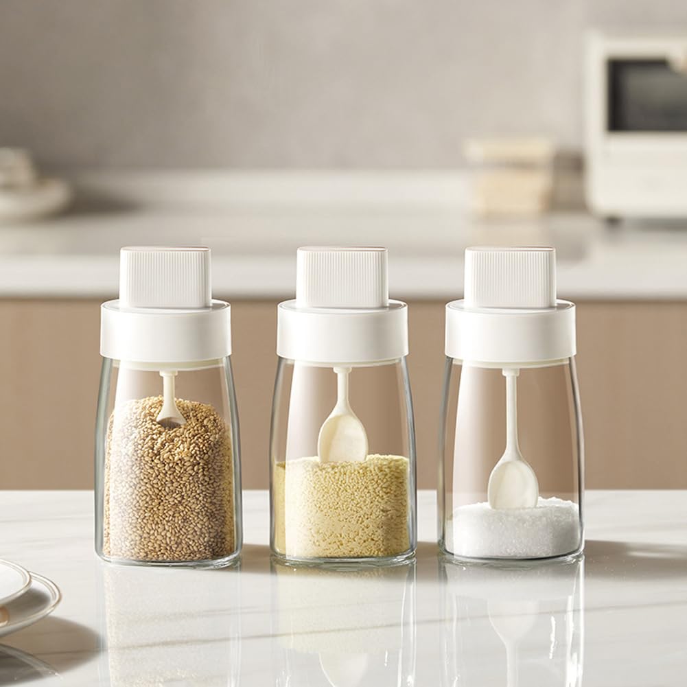 LOYUYU Kitchen Sodium Calcium Glass Spice Jars Seasonning Box Set of 3, Condiment Pots Spice Jars, Retractable Spoon and Lid Combination Design, Airtight Cap 9.7oz White