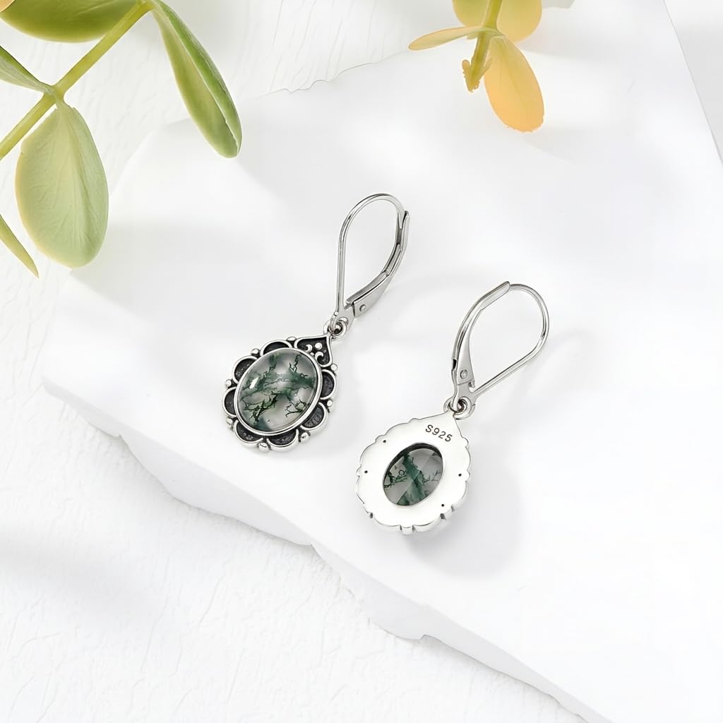 Moss Agate Drop Earrings for Women 925 Sterling Silver Vintage Oval 9x7mm Filigree Leverback Dangle Earrings, Gothic Victorian Antique Jewelry Gifts