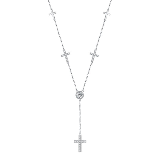DAOCHONG Cross Long Chain Sweater Necklace for Women S925 Sterling Silver Long Chain Sideways Cross Circle Cubic Zirconia Large Pendant Sweater Y-Necklace for Women 26 inches
