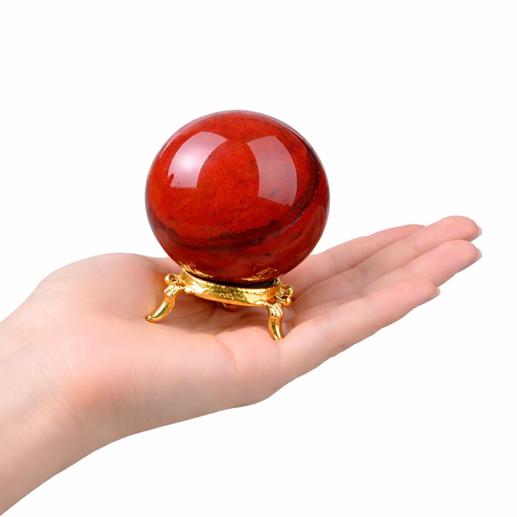 Crocon 55mm Red Jasper Stone Sphere Ball with Metal Stand 1400+ Carats Gemstone Ball Healing Sphere Sculpture Figurine for Fengshui Divination Home Decoration Photography Crystal Sphere