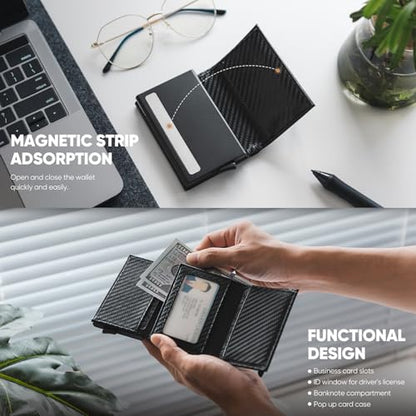 VULKIT Credit Card Holder RFID Blocking Leather Bifold Mens Wallet Automatic Pop Up with Banknote Compartment (Carbonfiber)