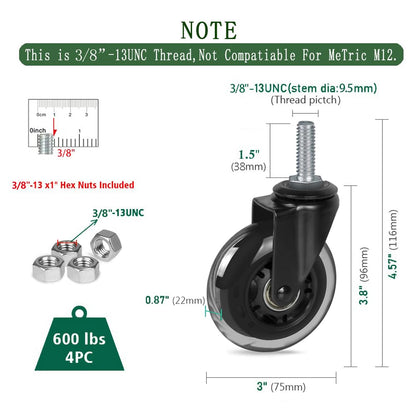 8T8 3" Rubber Caster Wheels Heavy Duty with 3/8"-16 x 1-1/2" Threaded Stem Casters Set of 4 (Screw Diameter 3/8", Length 1.5"), Quiet and Smooth Rolling Castors for Furniture Hardwood Floors
