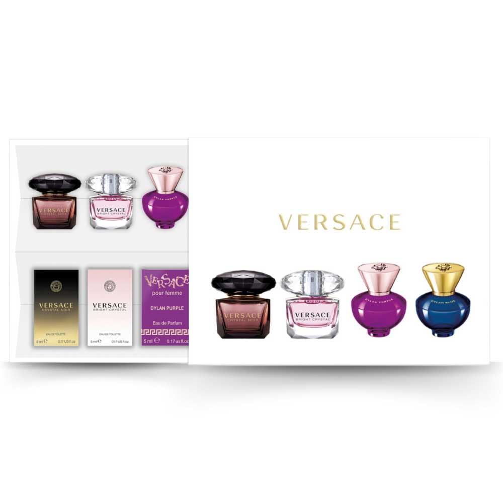 Versace Women's Miniature Collection 4 x 5 ml Perfume for Women Set Includes Bright Crystal EDT, Crystal Noir, Dylan Blue Pour Femme EDP, Dylan Purple EDP - Mini Perfume Gift for Women
