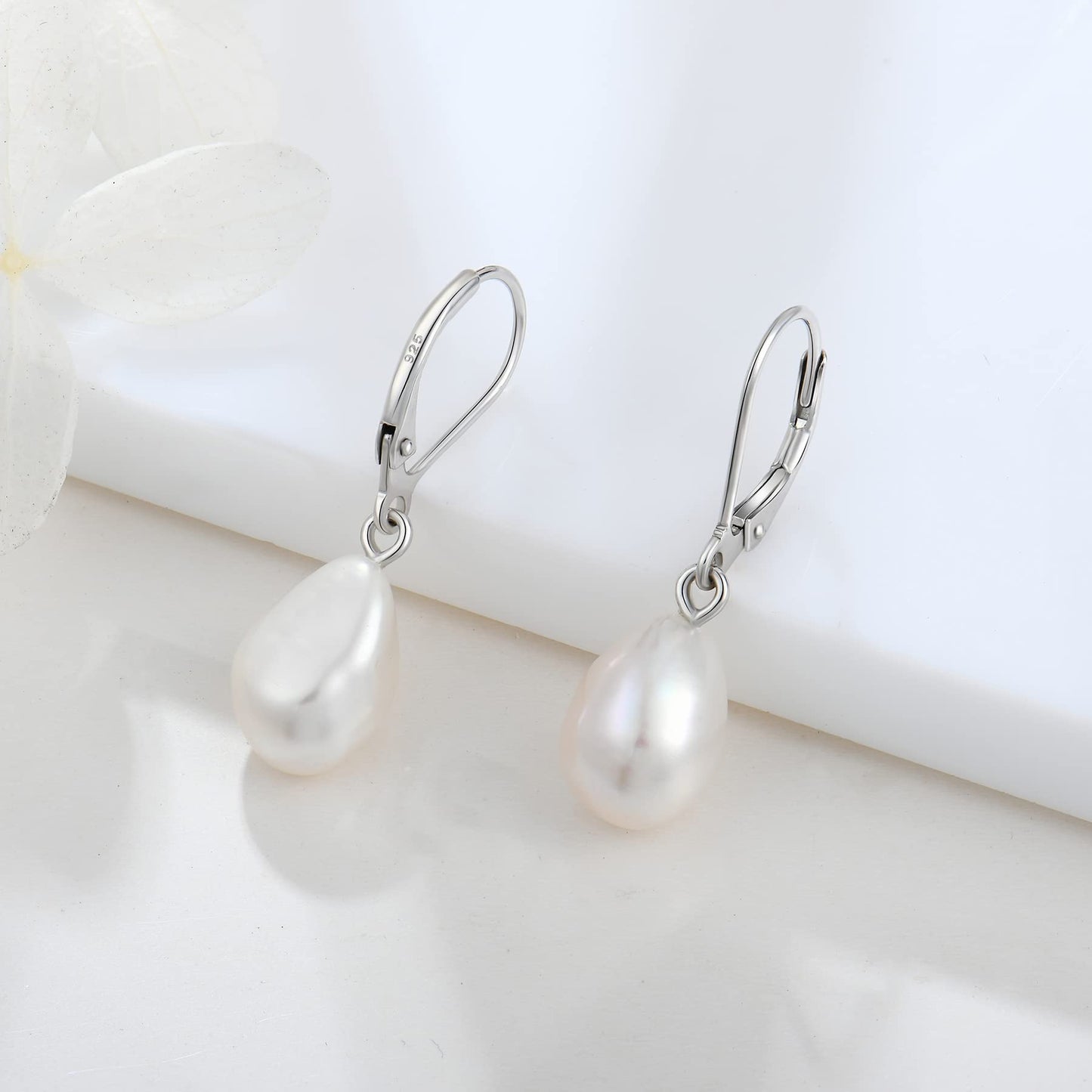 JO WISDOM Pearl Earrings,925 Sterling Silver 10 * 12mm Freshwater Cultured Pearl Leverback Drop & Dangle Earrings for Women Wedding