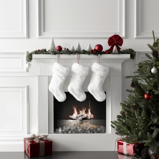 AOGU 3 Pack 18 Inch Snowy White Christmas Stockings Faux Fur Xmas Christmas Stockings Hanging Ornaments Candy Gift Bags for Christmas Decorations