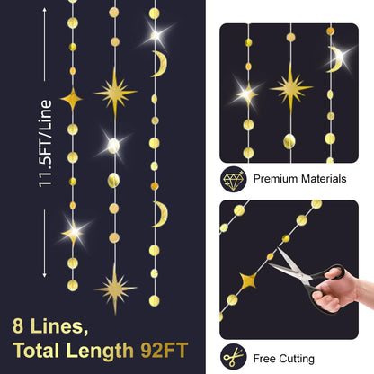 92FT Gold Moon Star Garland, Sparkly Crescent Moon & Star Hanging Decor for Ramadan Eid Mubarak, Birthday Party Supplies, Wedding Baby Shower Decorations, Photo Booth Props