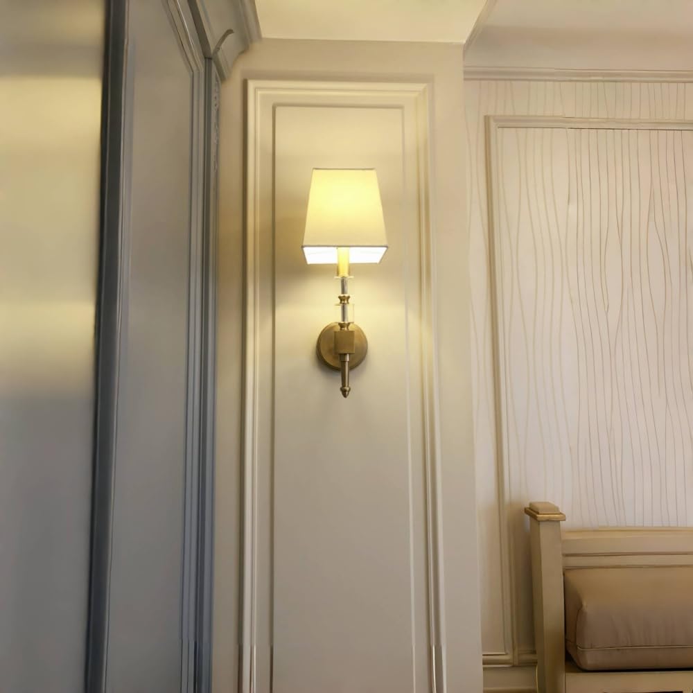 SHINELIGHTAN Brass Cube Crystal Sconce with Fabric Lampshade 1 Light Wall Lighting Modern Wall Mounted Lamp for Living Bedroom Room Light Fixture
