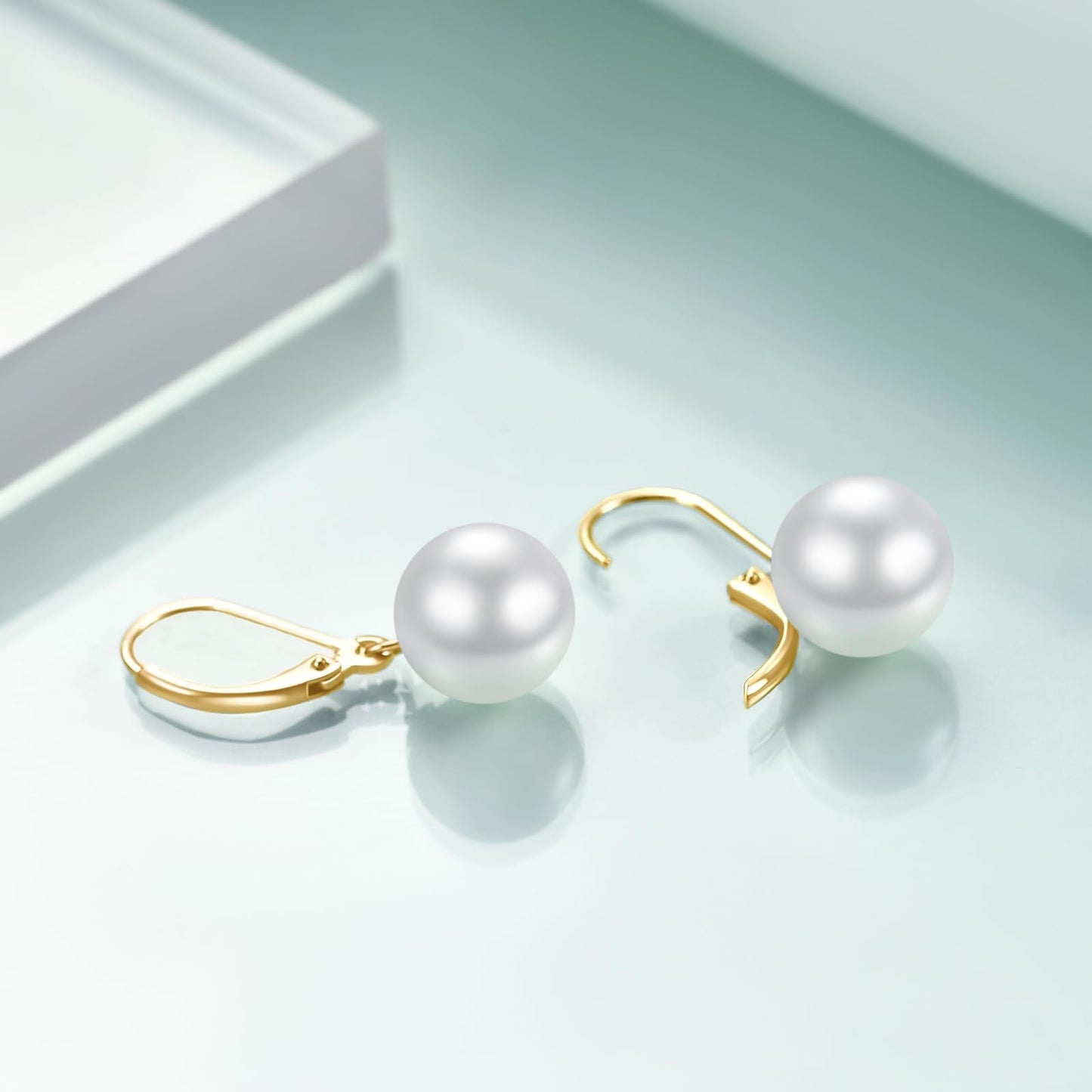 Rnivida Gold Plated Sterling Silver Pearl Drop Leverback Earring,Hypoallergenic 8MM Pearls Dangle Earring for Women