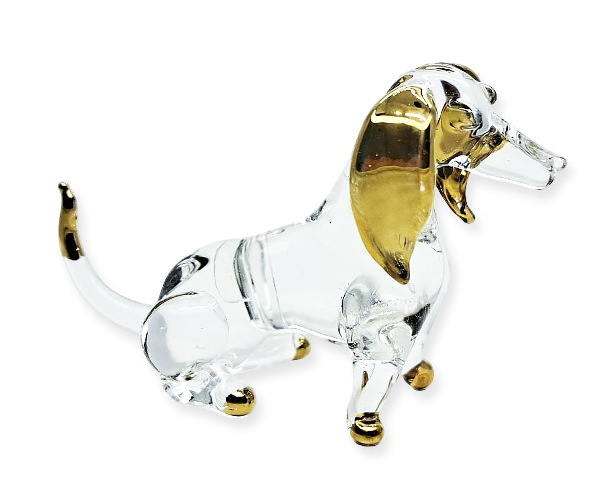 WitnyStore Tiny 2¼" Long Clear Gold Sitting Dachshund Figurine - Miniature Hand Blown Painted Glass Dogs Puppy Hound Canine Domestic Pet Animals Crystal Decorative Collectibles Figurines Décor Gifts