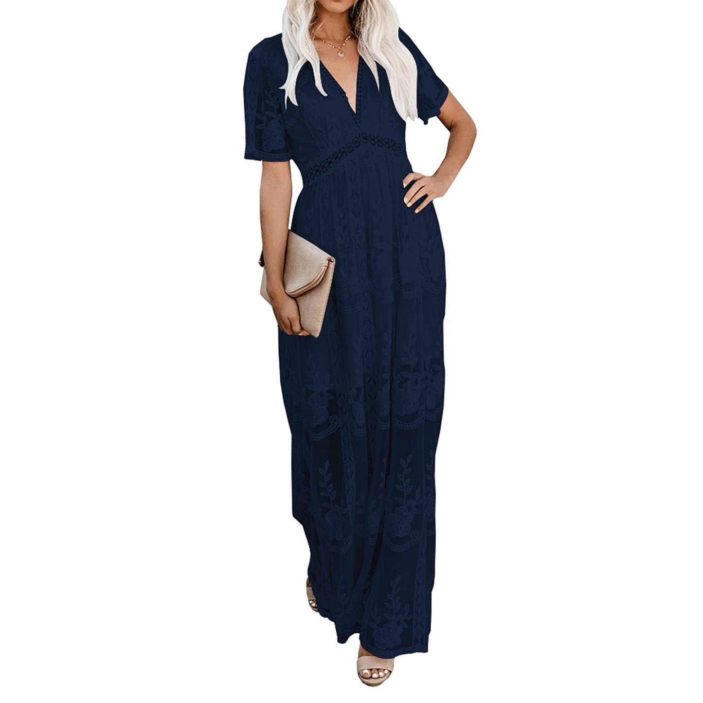 Womens Deep V Neck Short Sleeve Floral Lace Dress Long Bridesmaid Maxi Dresses