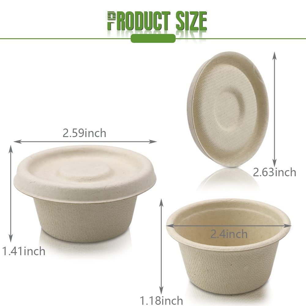 Vmiapxo 100 Sets 2oz Natural Bagasse Fiber Condiment Cups with Lids, Compostable Sauce Condiment Containers Disposable Paper Dishes Serving Sample Cups for Snack Tasting Charcuterie