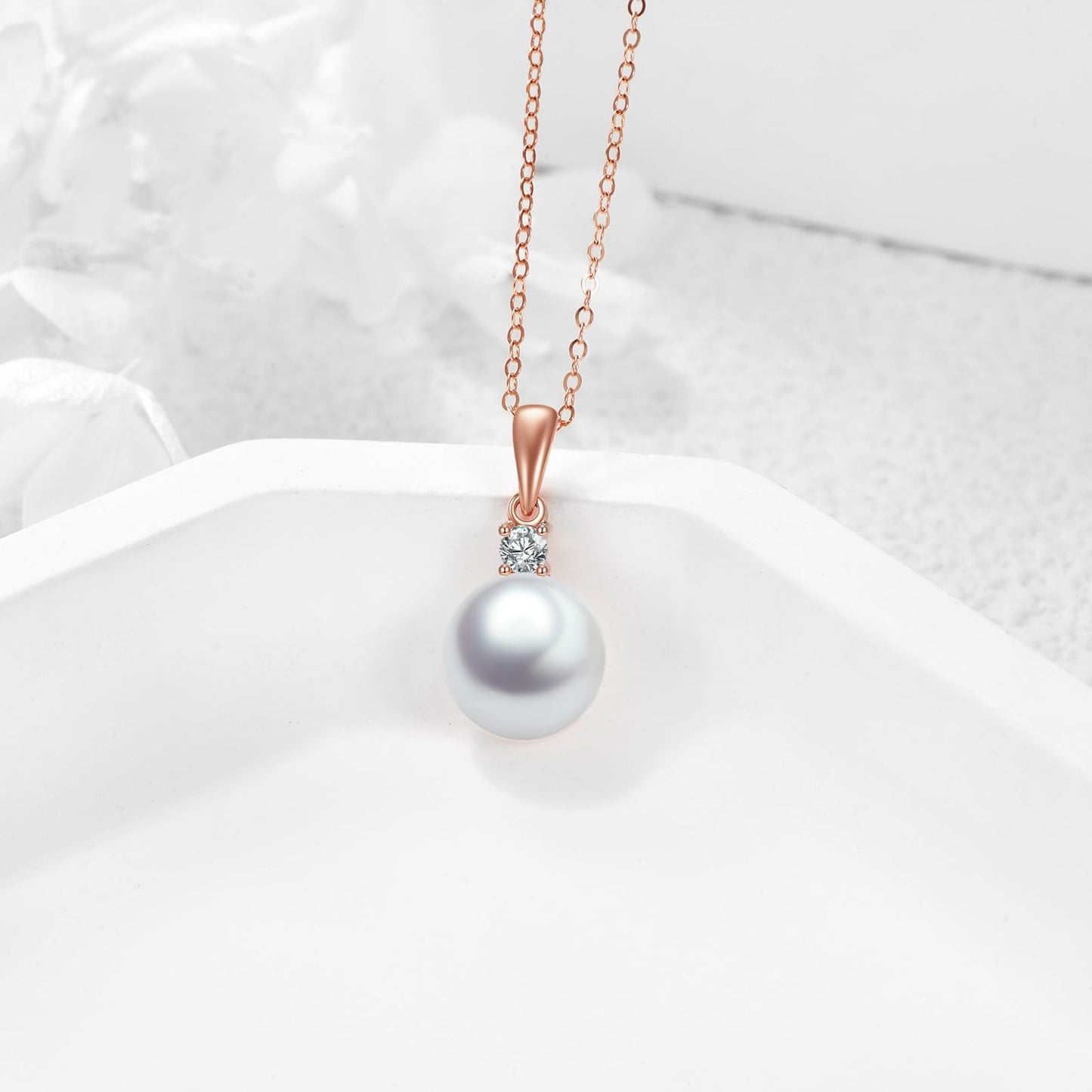 14K Gold Pearl Pendant Necklace for Women (Freshwater Cultured Pearl), Real Gold Present Jewelry Gifts for Wife Girlfriend Mother Mom, 16"-18" (2-rose gold)