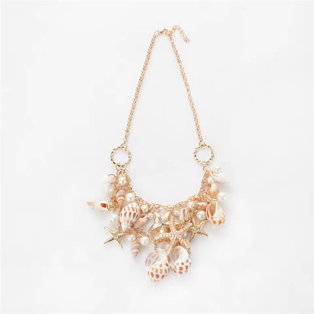 Halawly Shell Necklace Choker Mermaid Tail Necklace - Fashion Sea Shell Starfish Faux Pearl Collar Bib Statement Chunky Necklace Pendant (Necklace)