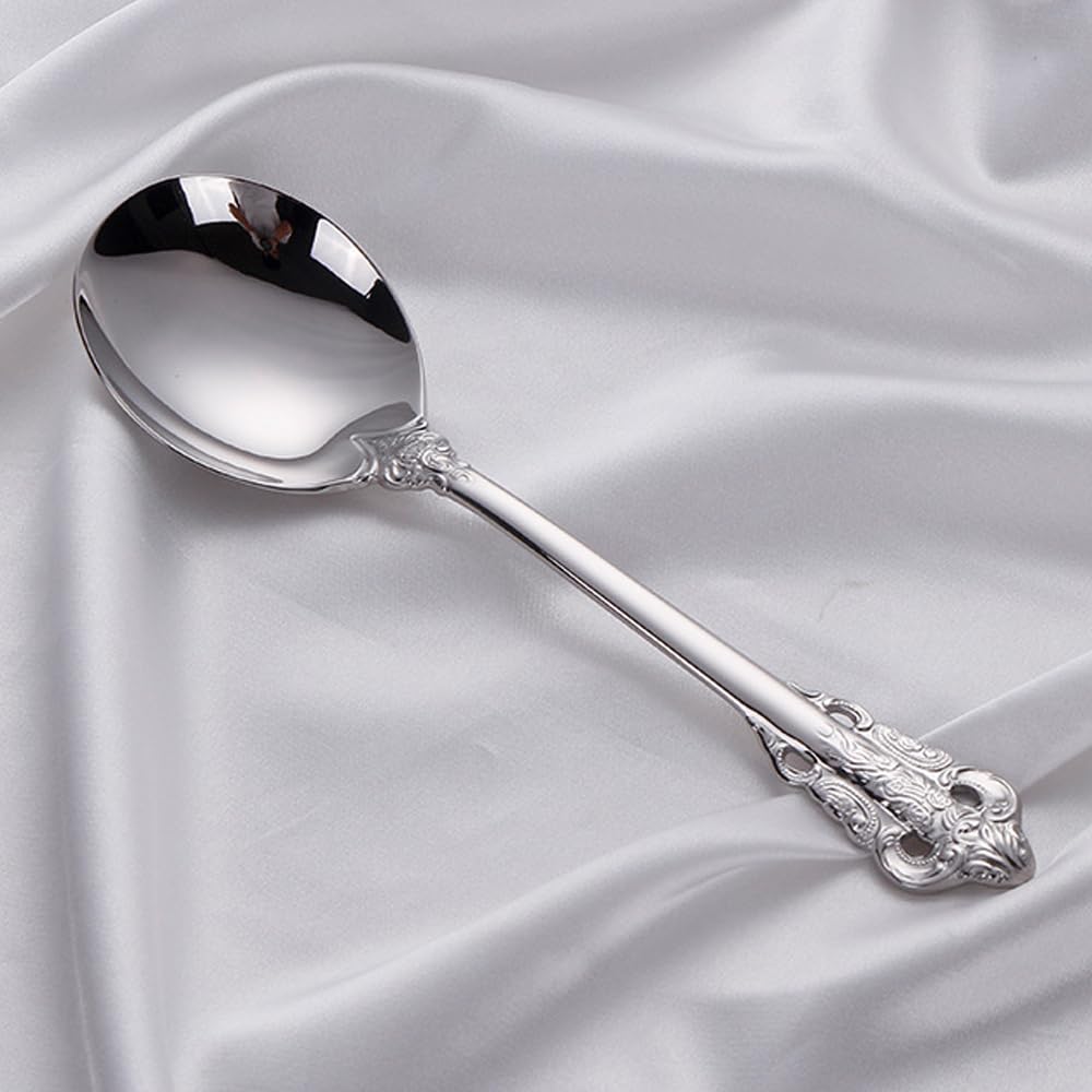 Siaiqiang Gorgeous Large Round Soup Spoons,18/10 Stainless Steel Fine Embossed Texture Soup Spoons Set,Table Spoon Silverware,Bouillon Spoons,Silver (4 pack)