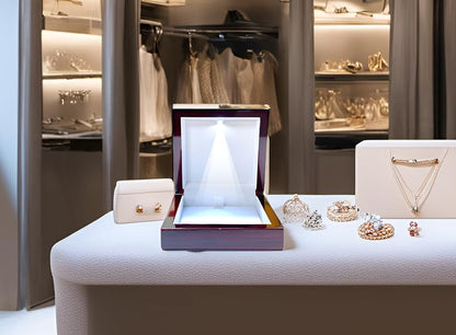 Necklace Box with LED Light – Small Jewelry Display Case for Bracelet, Earrings, or Chains – Luxury Lighted Wooden Presentation Box for Gifts, DIY Crafts, Mahogany, White Interior
