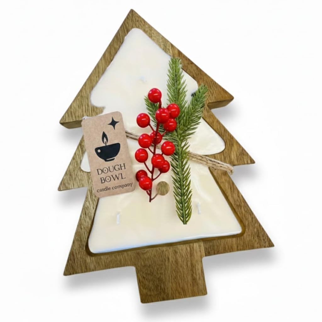 Dough Bowl Candle Co. Christmas Tree Shaped Candle - 14x10x2 6 Wick Brown Large Wooden Bowls for Decor, Mistletoe, Pine, Fir, Cedarwood Scented Decorative Wood Bread Bowl, Rustic Vegan Holiday Gift