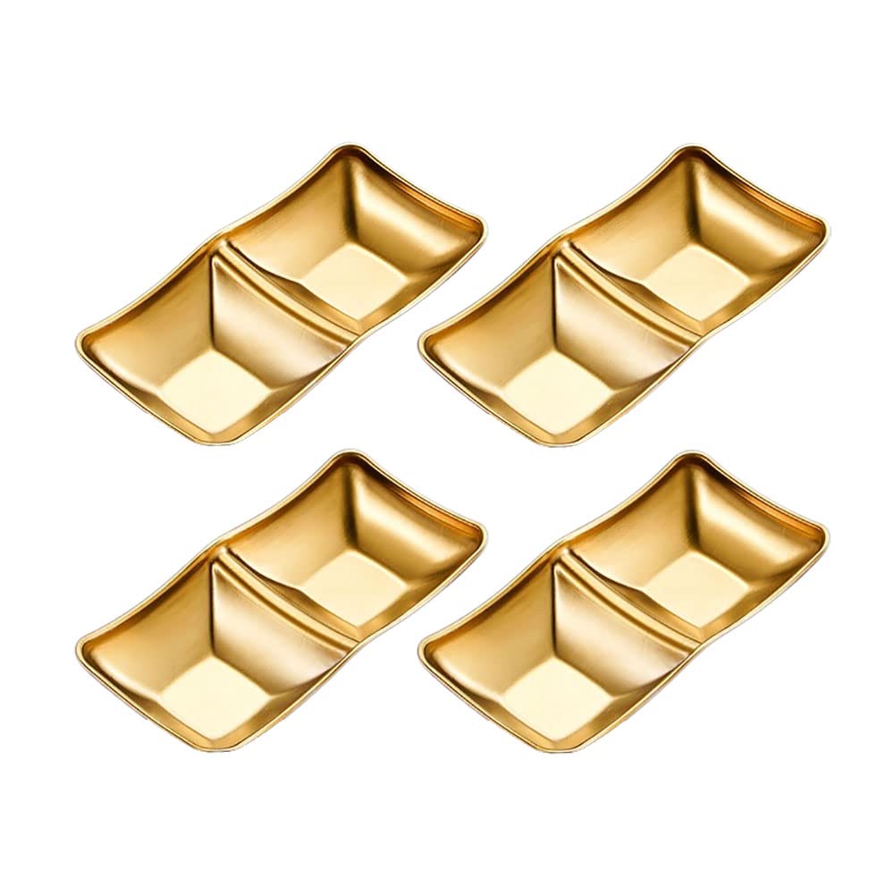 maiwalk Stainless Steel Side Dishes 4pcs Sauce Dish Bowls Condiments Cup Serving Bowl Set Sushi Dipping Saucers Soy Dipping Bowls for Home Kitchen Restaurant BBQ (Gold, 2 Compartment)