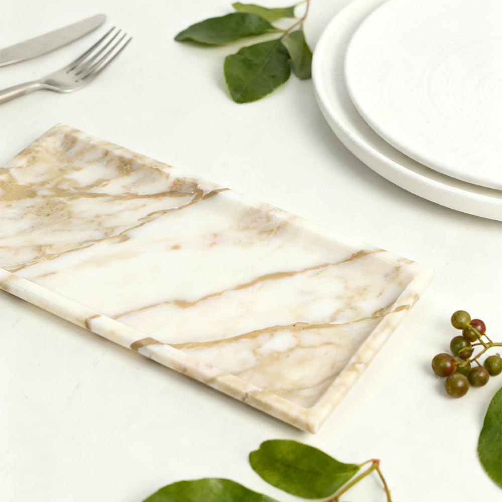 DUANYAN Natural Marble Tray for Kitchen Counter Living Room, Stone Plate for Fruit Jewelry Perfume Cosmetics Key, Decorative Tray for Table Decor (Calacatta-Glod/Rectangular 11.8"x5.9"x0.7")