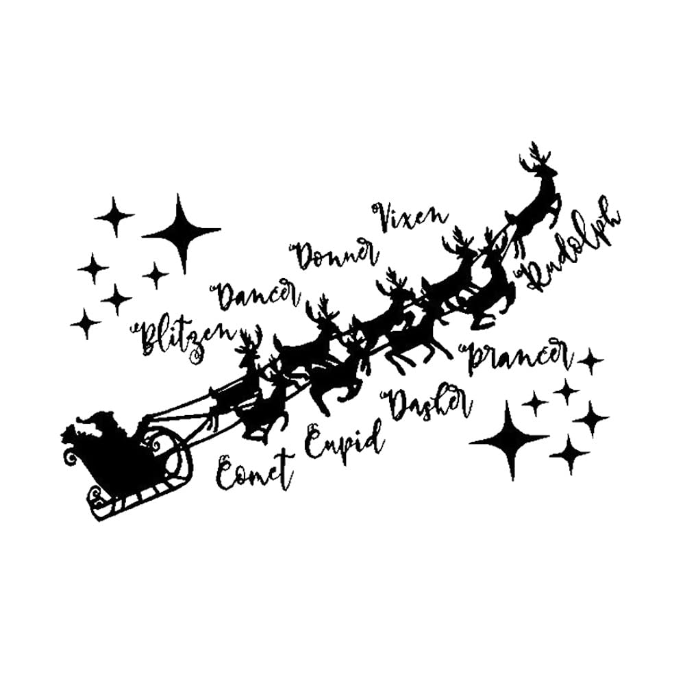 Christmas Wall Decal with Santa's Sleigh and Reindeer Names, 22.5 x 15.2 inches, Holiday Home Decoration (Black) MC054