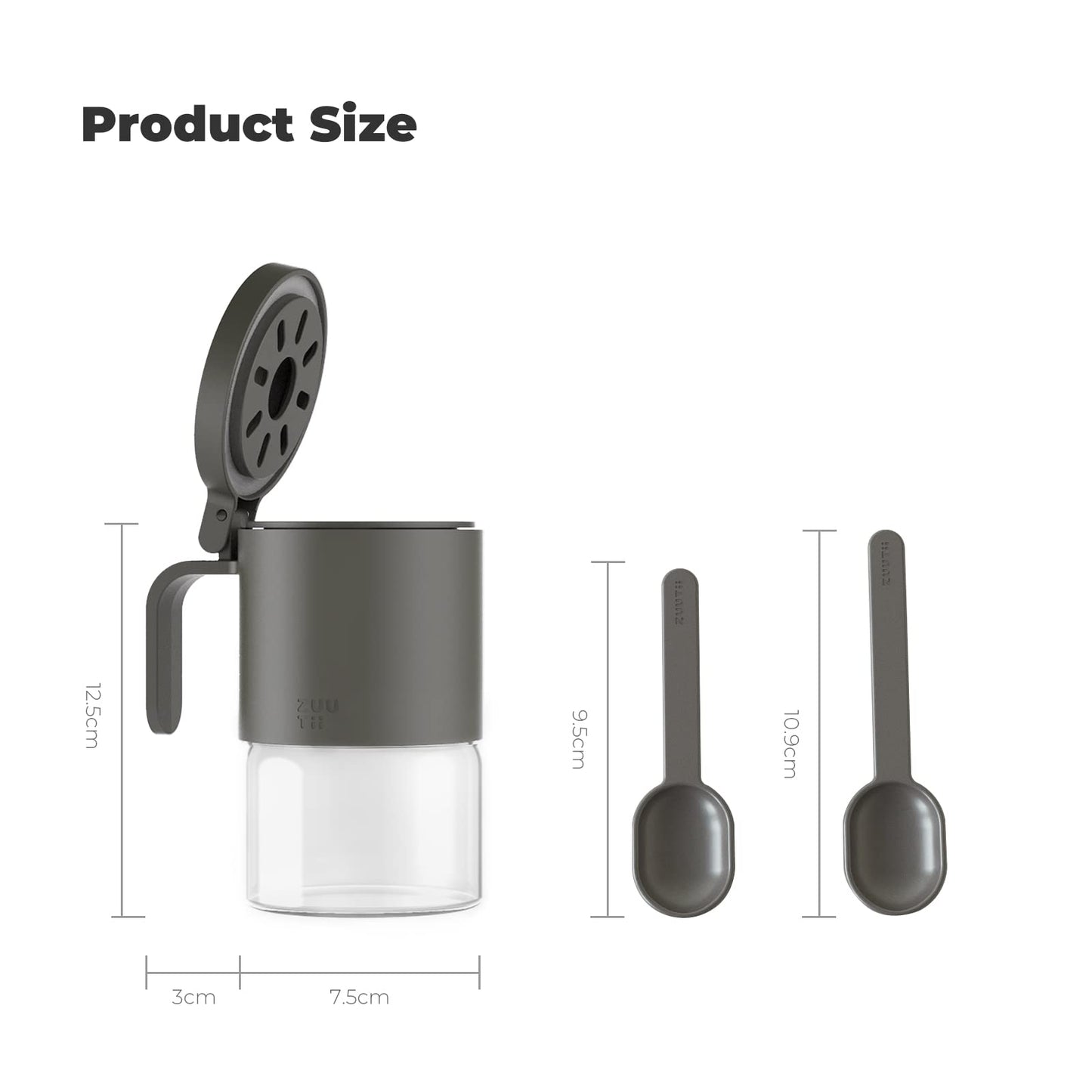 Zuutii Glass Spice Jars Moisture-Proof Spice Containers with Spoons, Set of 2 10oz/300ml Spice Bottles, Mini Seasoning Storage Jars with Flapper Caps for Salt, Sugar, Peppers, Chili in Kitchen Grey