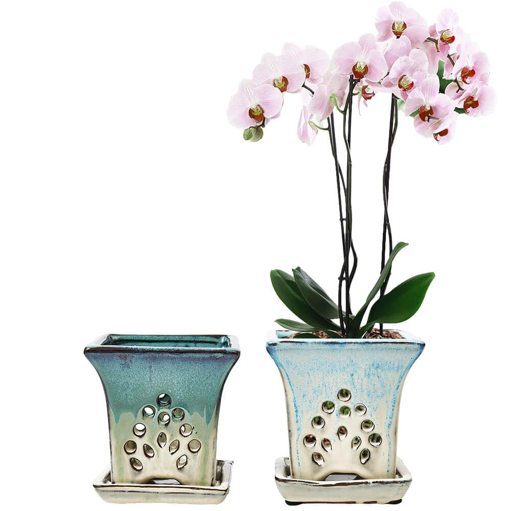 Ceramic Orchid Pots with Holes attached Saucers 4.8 Inches - Set of 2 Small Square Orchid Pots for Repotting, Decorative Ceramic Orchid Planter with Hole for Healthy Root Growth Green Blue Mixed