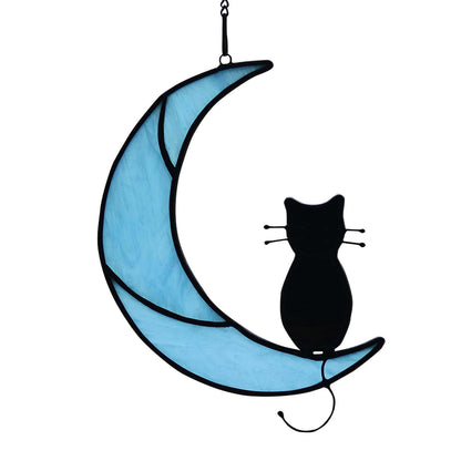 HAOSUM Black Cat Decor On Moon Suncatcher Decoration,Cat Memorial Gifts for Cats Lovers Stained Glass Window Hangingt,Cats Loss Sympathy Gift,Pet Memorial Gifts for Women