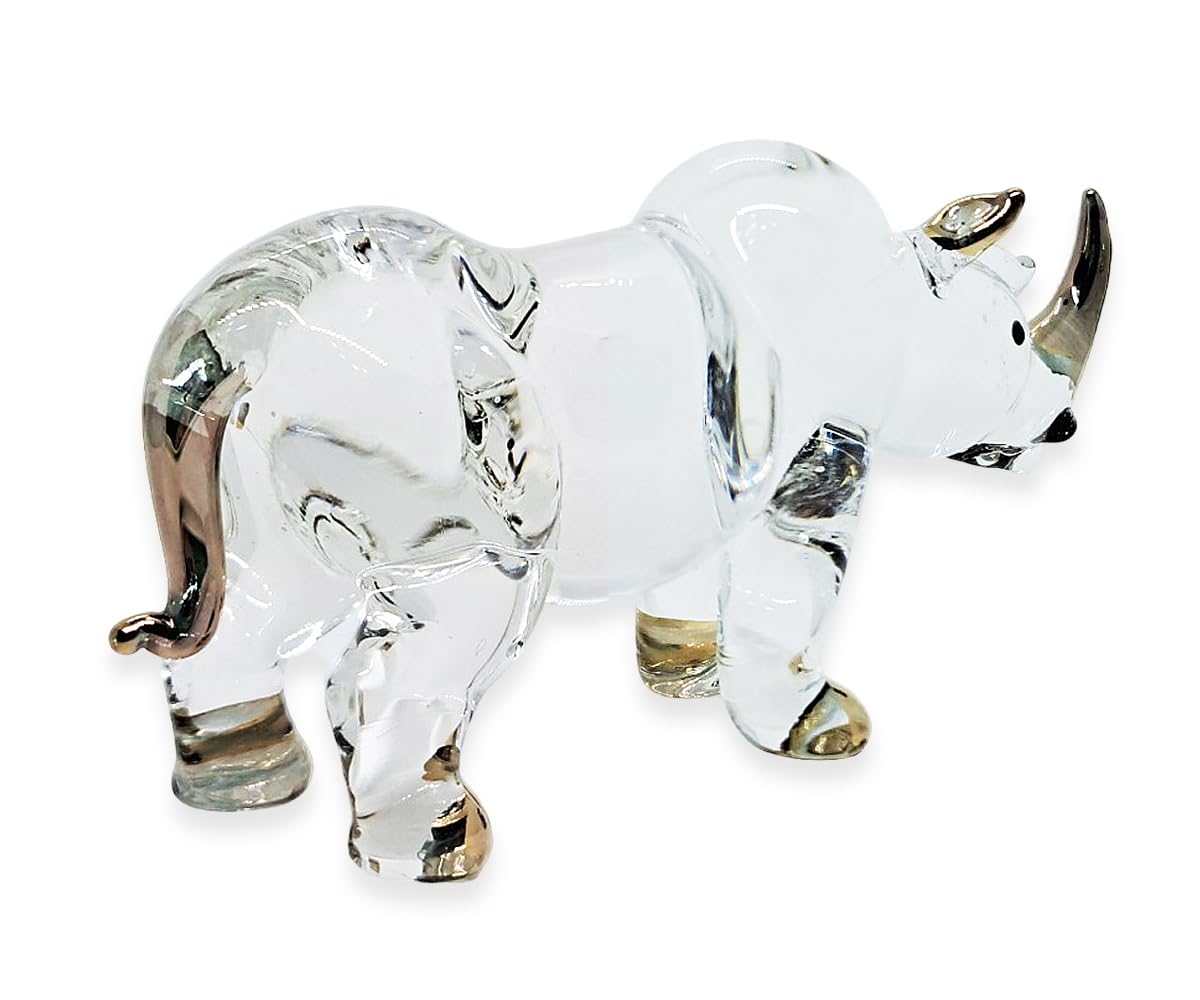 WitnyStore Tiny 5½" Clear Gold Stand Rhino Figurine - Miniature Hand Blown Painted Glass Rhinoceros Tropical Savanna Wildlife Animals Cute Crystal Decorative Figures Collectible Figurines Décor Gifts
