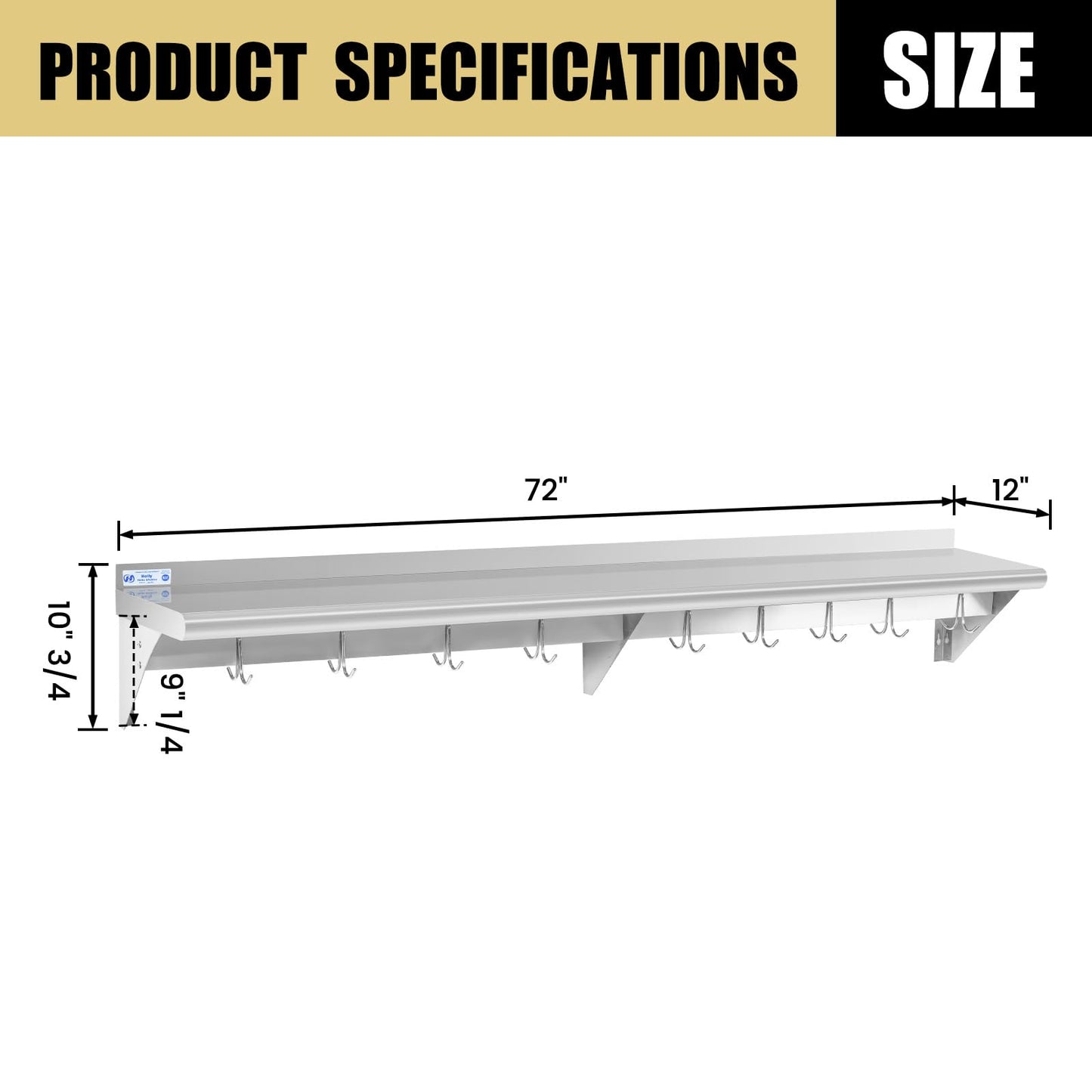 Hally Stainless Steel Shelf with 9 Hooks 12" x 72" Wall Mounted Pot Rack 345lb, NSF Commercial Floating Shelving for Storage Hanging Pots, Pans, cookware in Restaurant, Kitchen, Home and Hotel