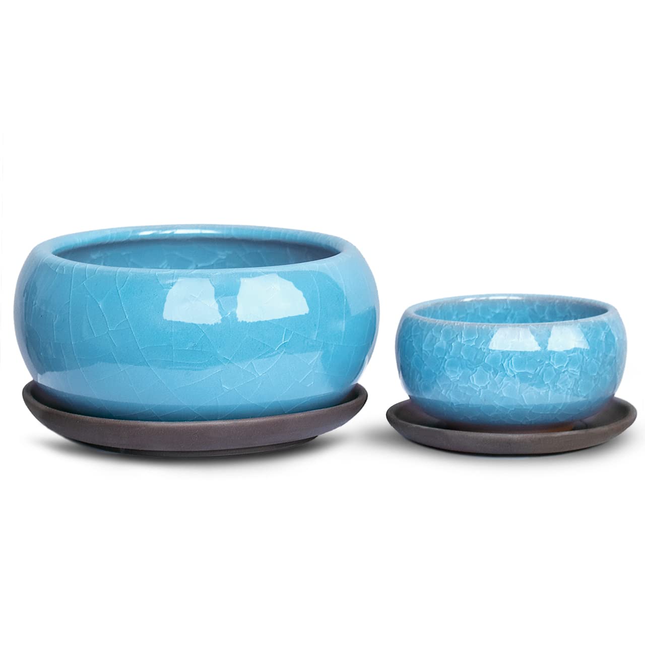 Dahlia Round Ceramic Succulent Pot/Bonsai Pot with Drainage Tray, 2pc Set Teal