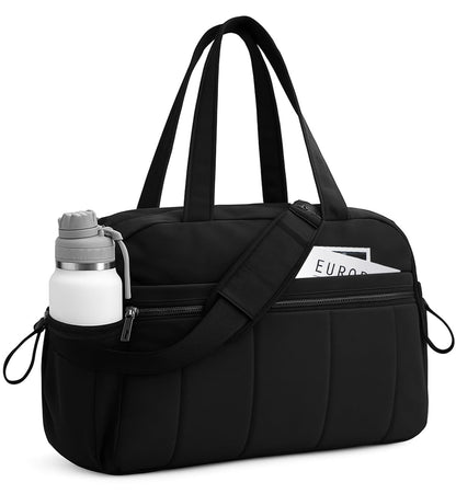 Travel Duffle Gym Bag for Women, Lightweight Puffer Carry on Weekender Bags with Wet Pocket Tote Yoga Workout Bag (Black)