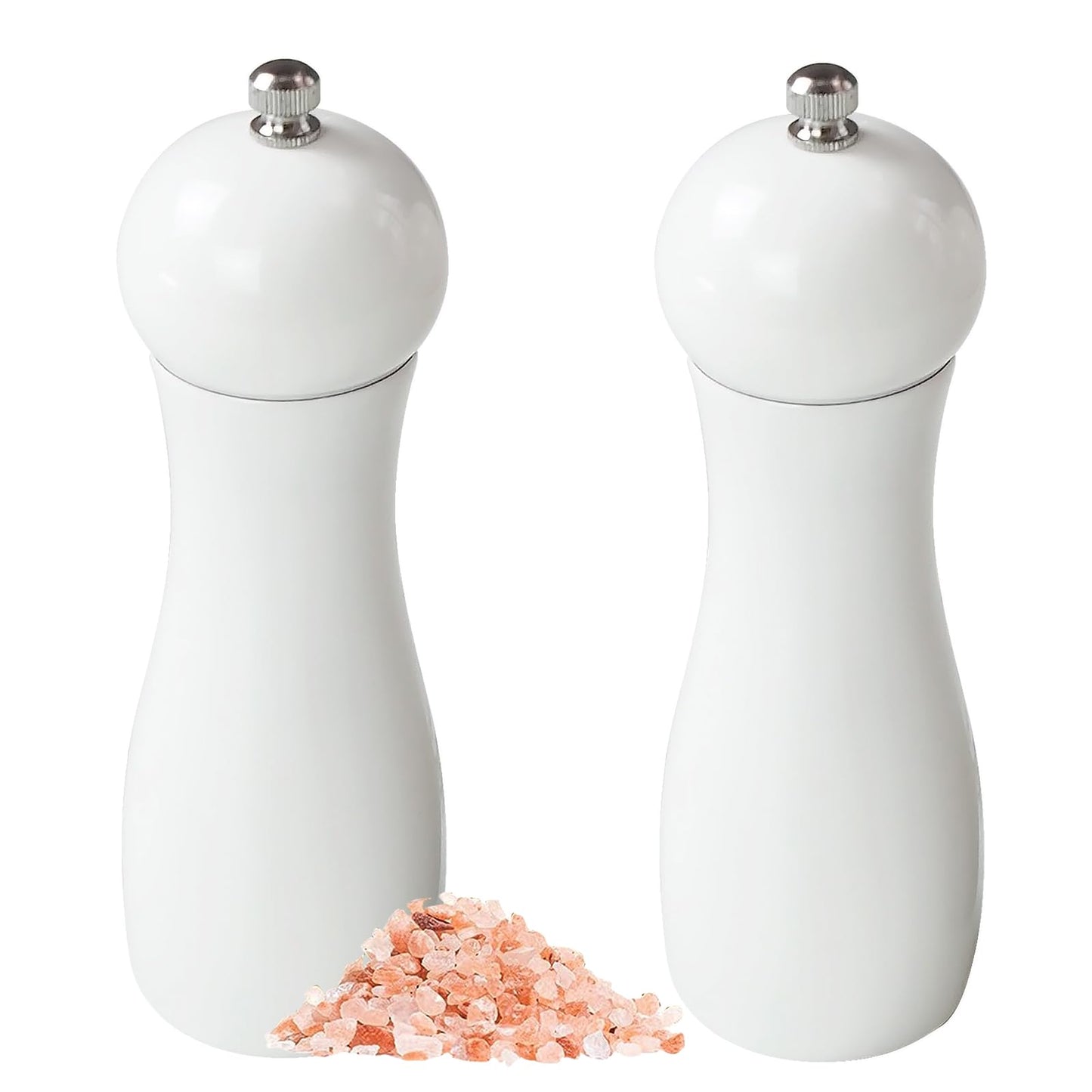 SHIKORI Manual Wooden Salt and Pepper Mills Shakers, 6.5 inch Salt and Pepper Grinders Set,Ceramic Rotor with Strong Adjustable Coarseness-White-2Pcs