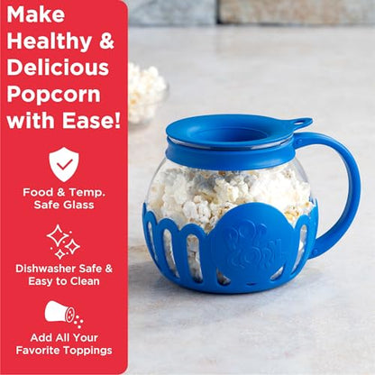 Ecolution Patented Micro-Pop Microwave Popcorn Popper with Temperature Safe Glass, 3-in-1 Lid Measures Kernels and Melts Butter, Made Without BPA, Dishwasher Safe, 3-Quart, Aqua