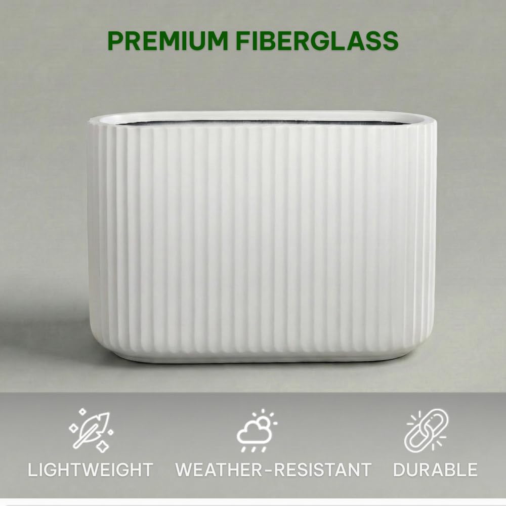 Wil & Vic 89s 15" H x 24" L Sirius Fiberglass Planter, Round Indoor and Outdoor Plant Pot with Drainage Hole, Lightweight, Durable Minimalist Home, Included Extra Coco Mats, White