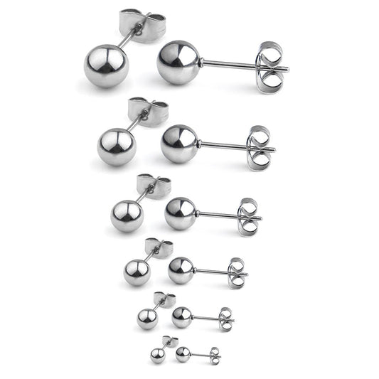 Ruifan 20G Stainless Steel Ball Stud Earrings for Men Women Round 3-8mm 6Pairs - Silver