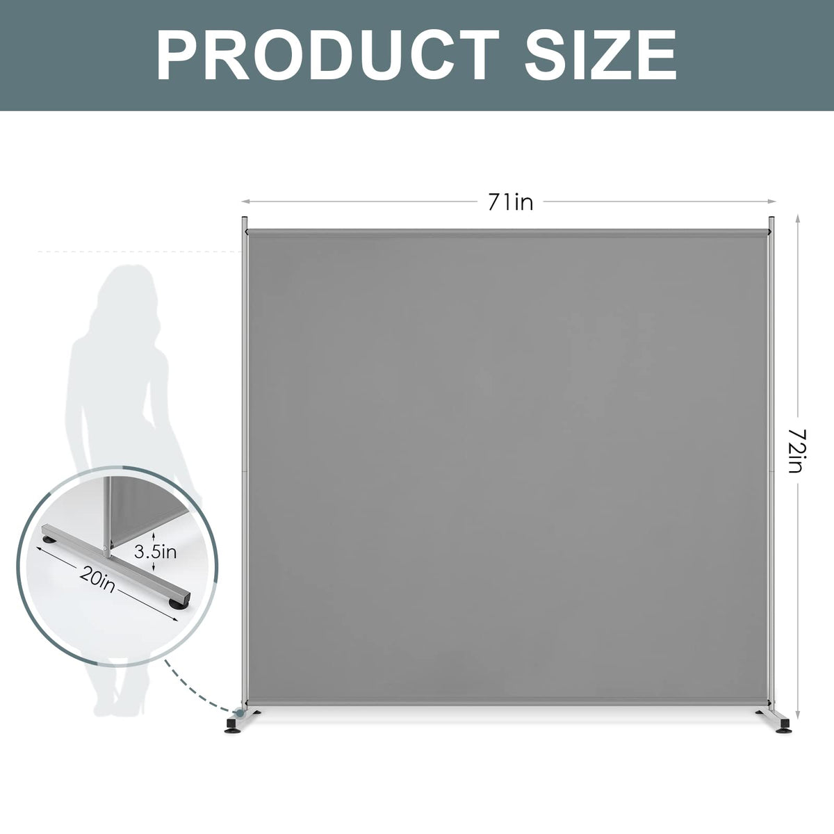 RANTILA Single Large Panel Room Divider, Privacy Screen for Office, Partition Separators, Freestanding Divider 71''W x 69.5''H, Grey